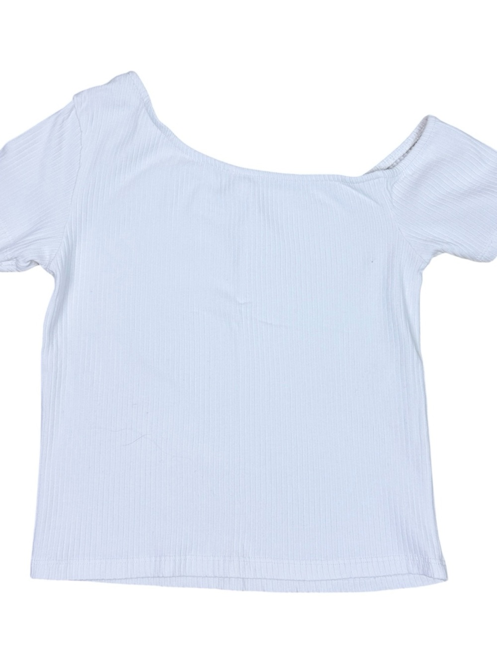 Zara White Ribbed Short Sleeve Off One Shoulder Scoop-Neck Top